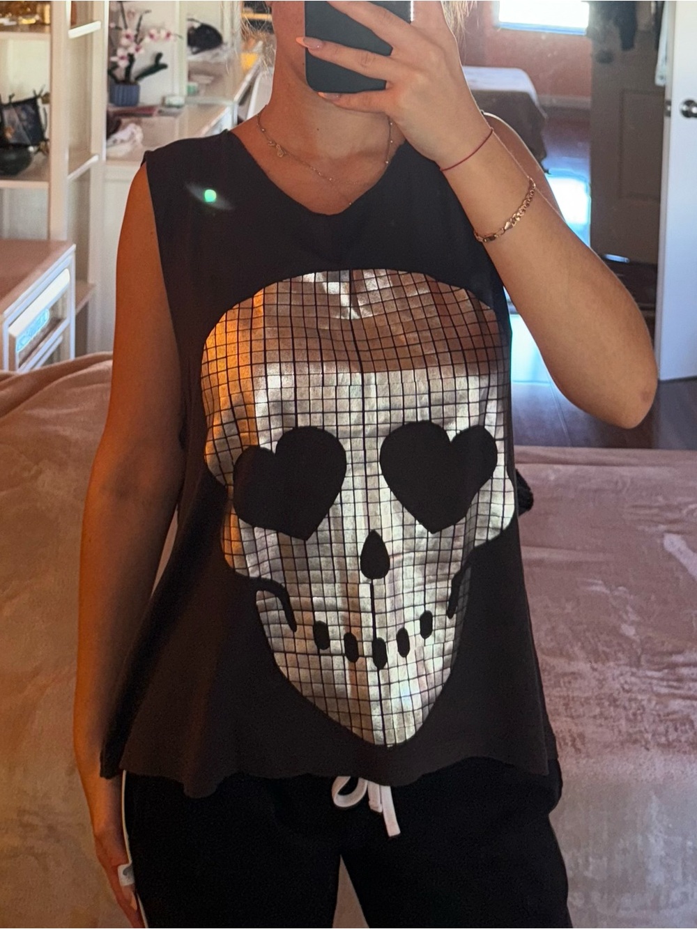 Wildfox Black Tank Top with Metallic Silver Skull
